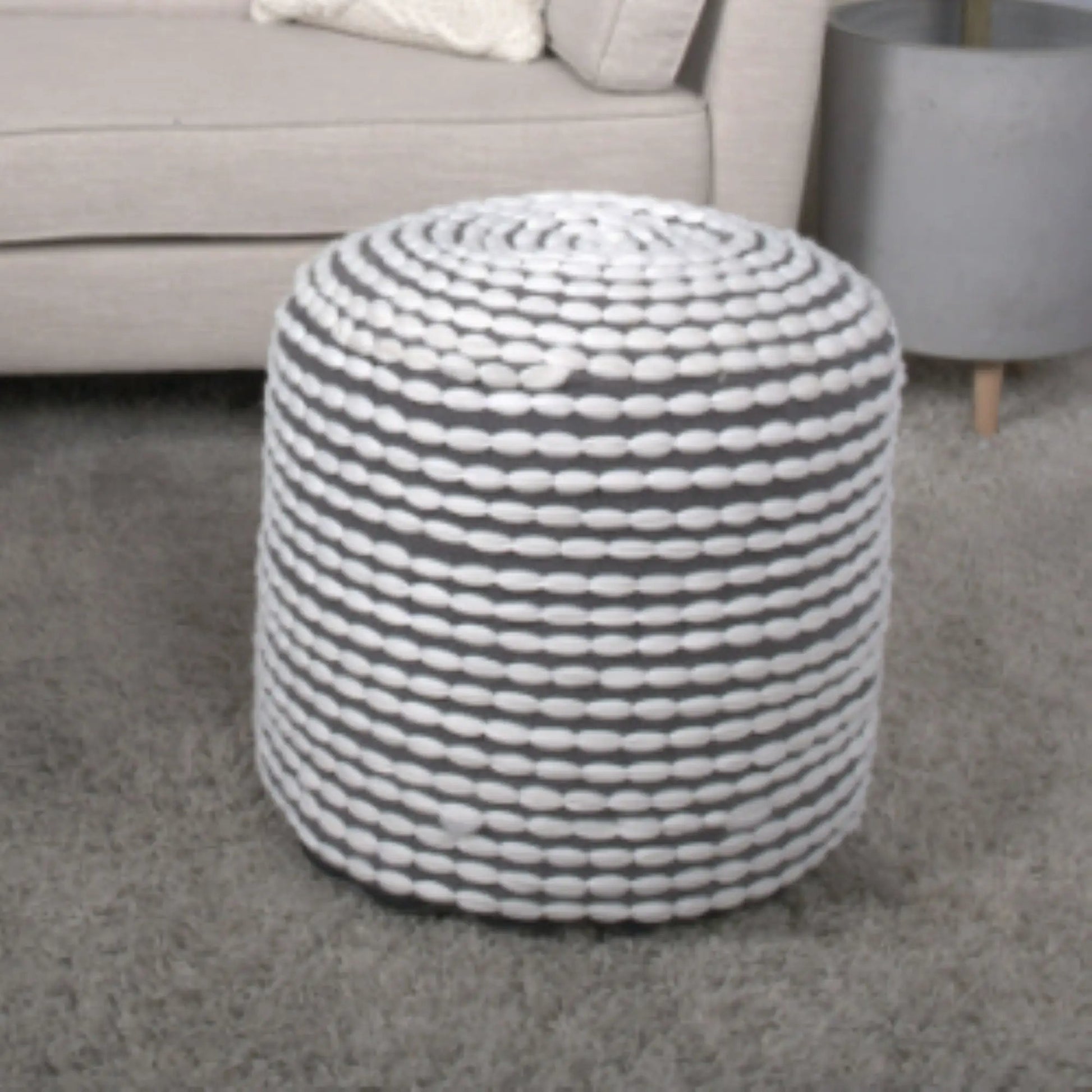 River Handcrafted Cylindrical Pouf gray and white striped water-resistant fabric on Tampa Home & Garden Store