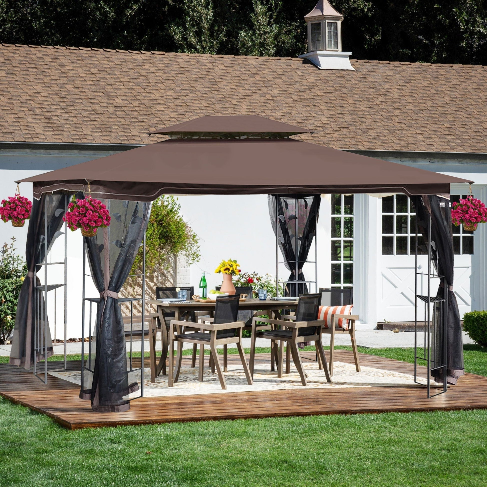 Patio gazebo tent with ventilated double roof and mosquito net, brown canopy for backyard on Tampa Home & Garden Store