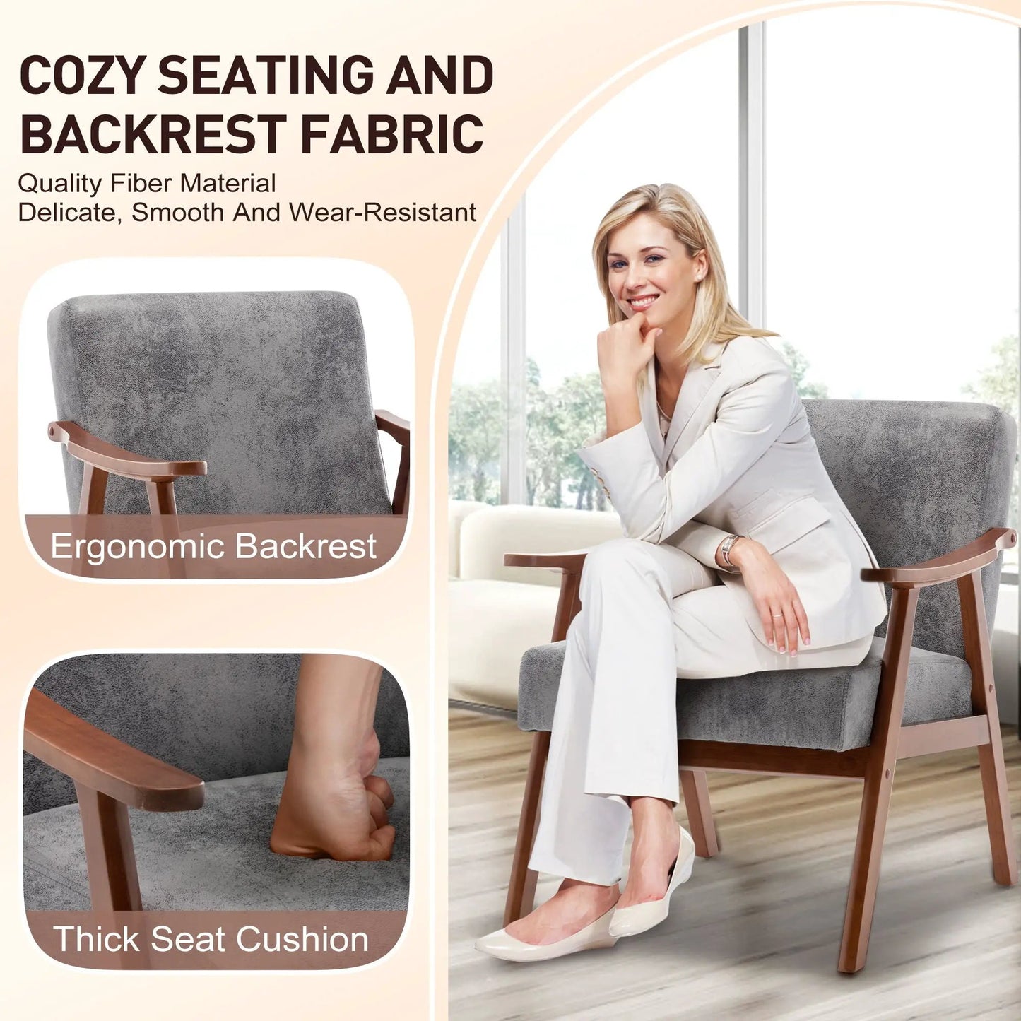 Mid Century Modern arm chair with solid wood frame and extra thick backrest in grey fabric on Tampa Home & Garden Store