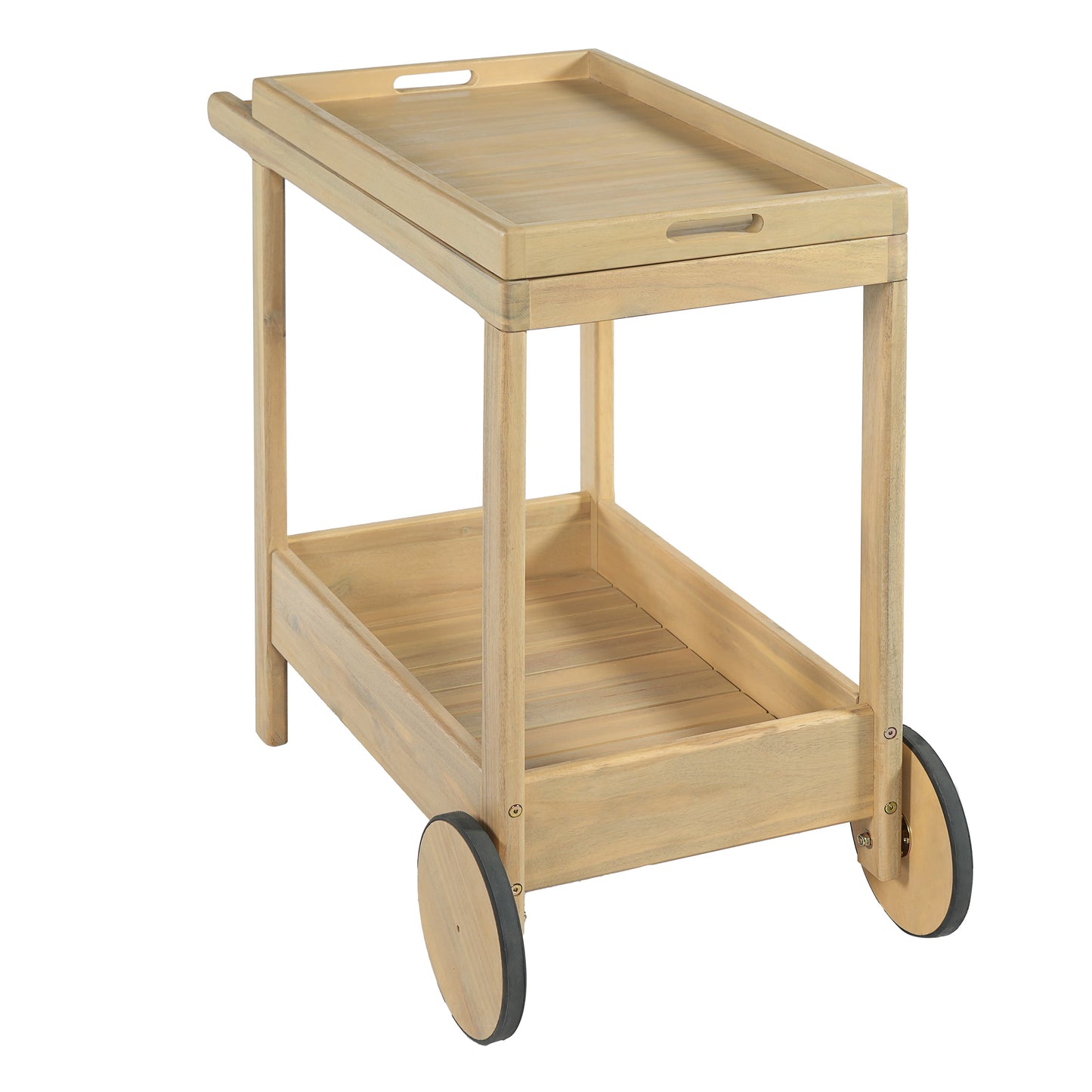 Saratoga Outdoor Rolling Bar Cart by HouseOfZazla, natural wood finish with wheels on Tampa Home & Garden Store