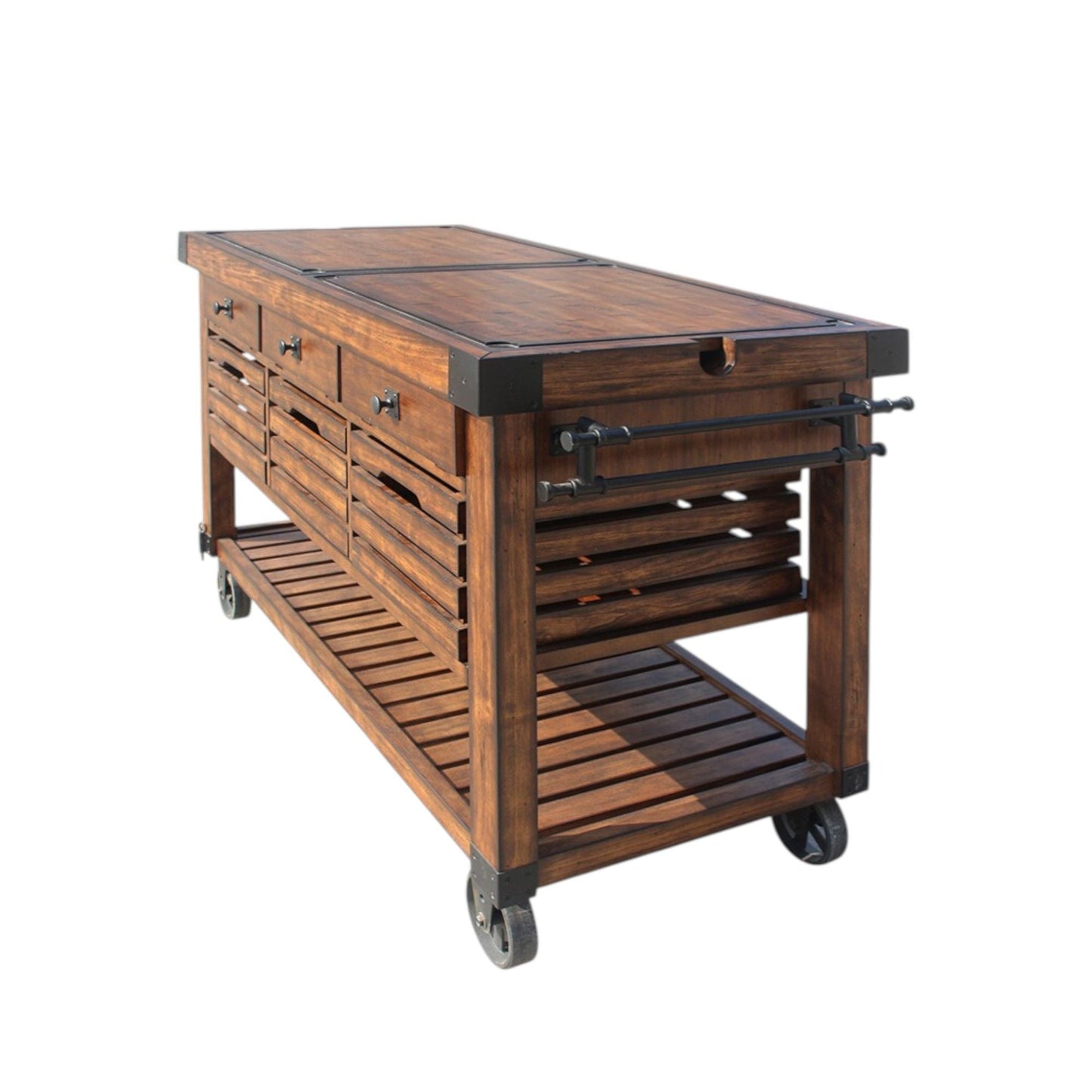 Kaif Distressed Chestnut Kitchen Cart by HouseOfZazla, slat top, metal hardware on wheels on Tampa Home & Garden Store