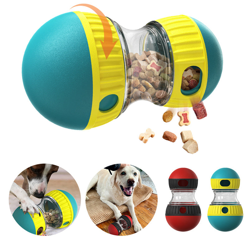 Food-dispensing dog toy tumbler with teal body and yellow ends holds kibble, 2 colors on Tampa Home & Garden Store