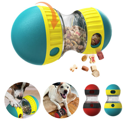 Food-dispensing dog toy tumbler with teal body and yellow ends holds kibble, 2 colors on Tampa Home & Garden Store