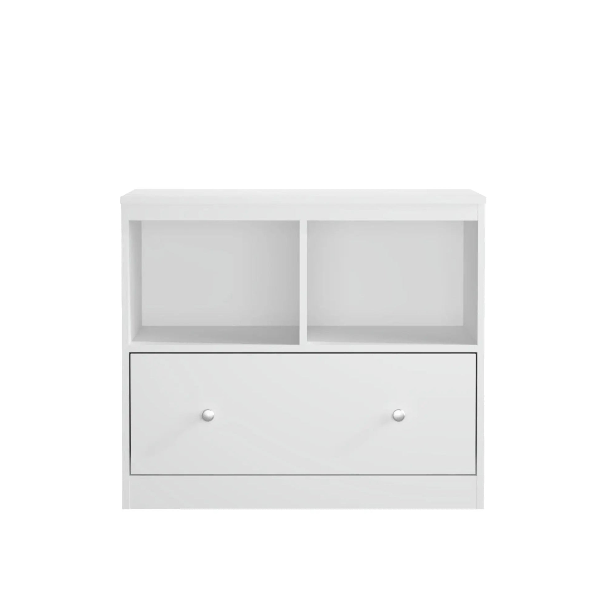 Toy Storage Organizer with large drawer and low white bookshelf with two cubbies on Tampa Home & Garden Store