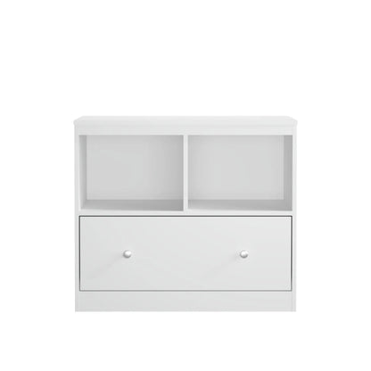 Toy Storage Organizer with large drawer and low white bookshelf with two cubbies on Tampa Home & Garden Store