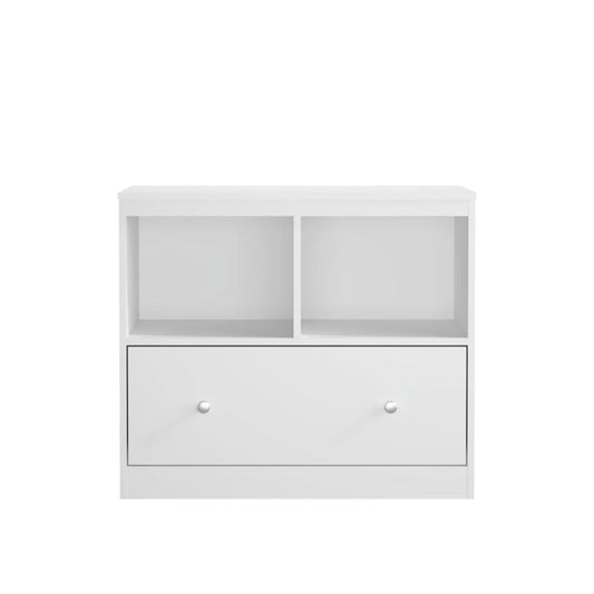 Toy Storage Organizer with large drawer and low white bookshelf with two cubbies on Tampa Home & Garden Store