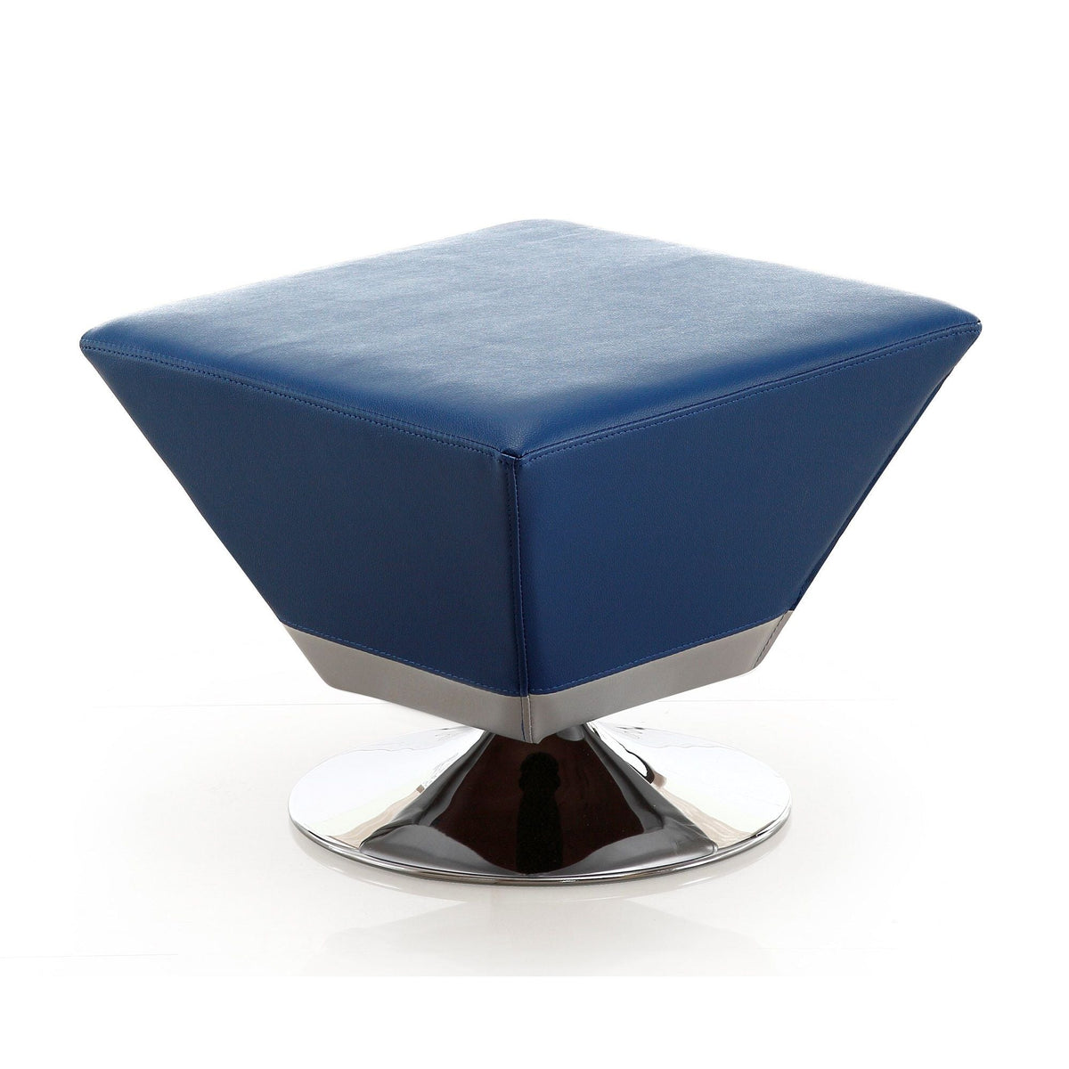 Diamond Accent Ottoman blue leather-look rectangle with stitched edges and chrome base on Tampa Home & Garden Store