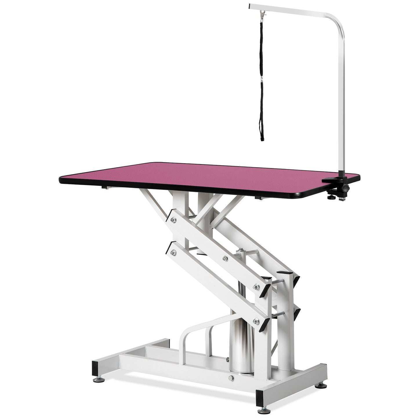 Hydraulic pet grooming table HouseOfZazla pink top with white lift frame and silver arm on Tampa Home & Garden Store
