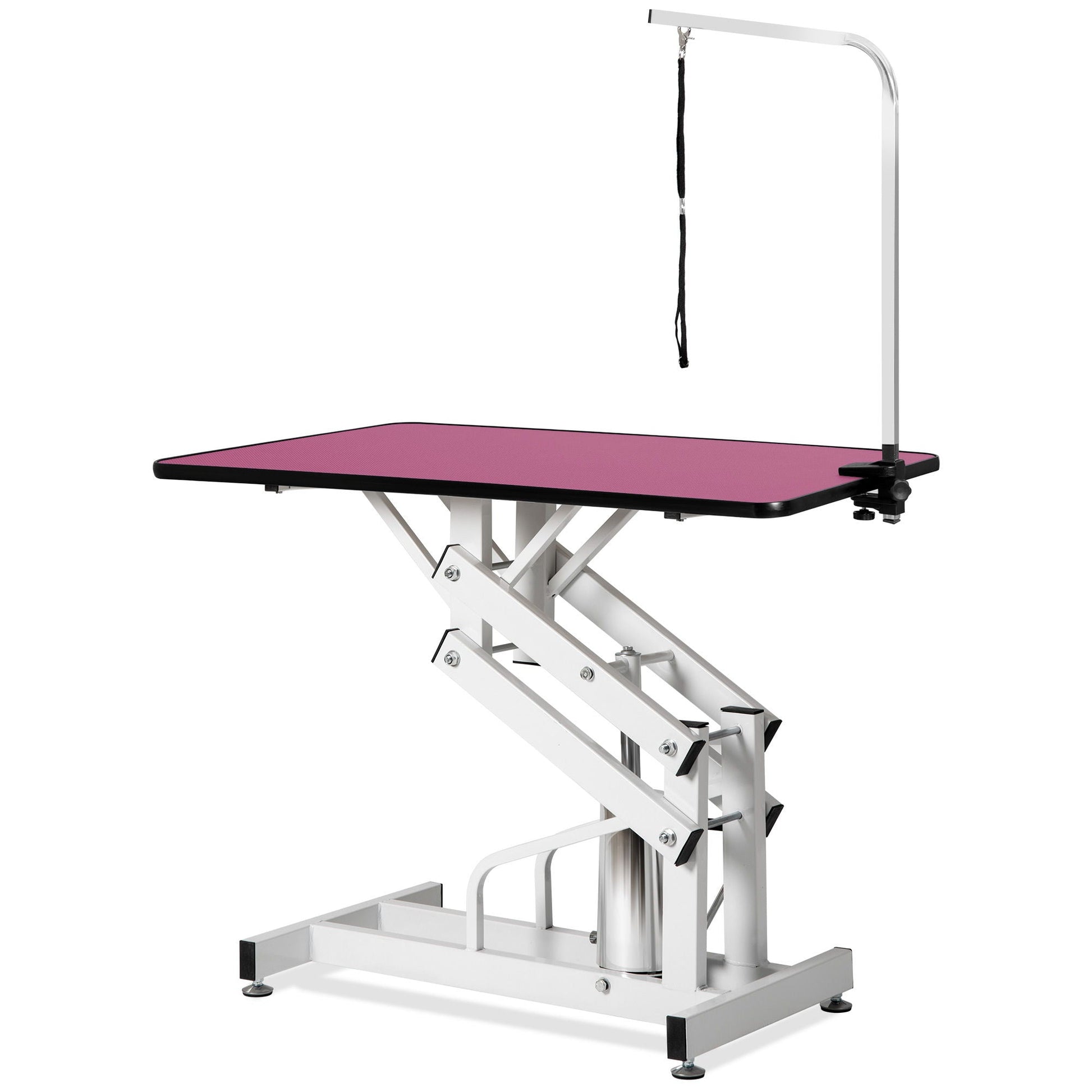 Hydraulic pet grooming table HouseOfZazla pink top with white lift frame and silver arm on Tampa Home & Garden Store
