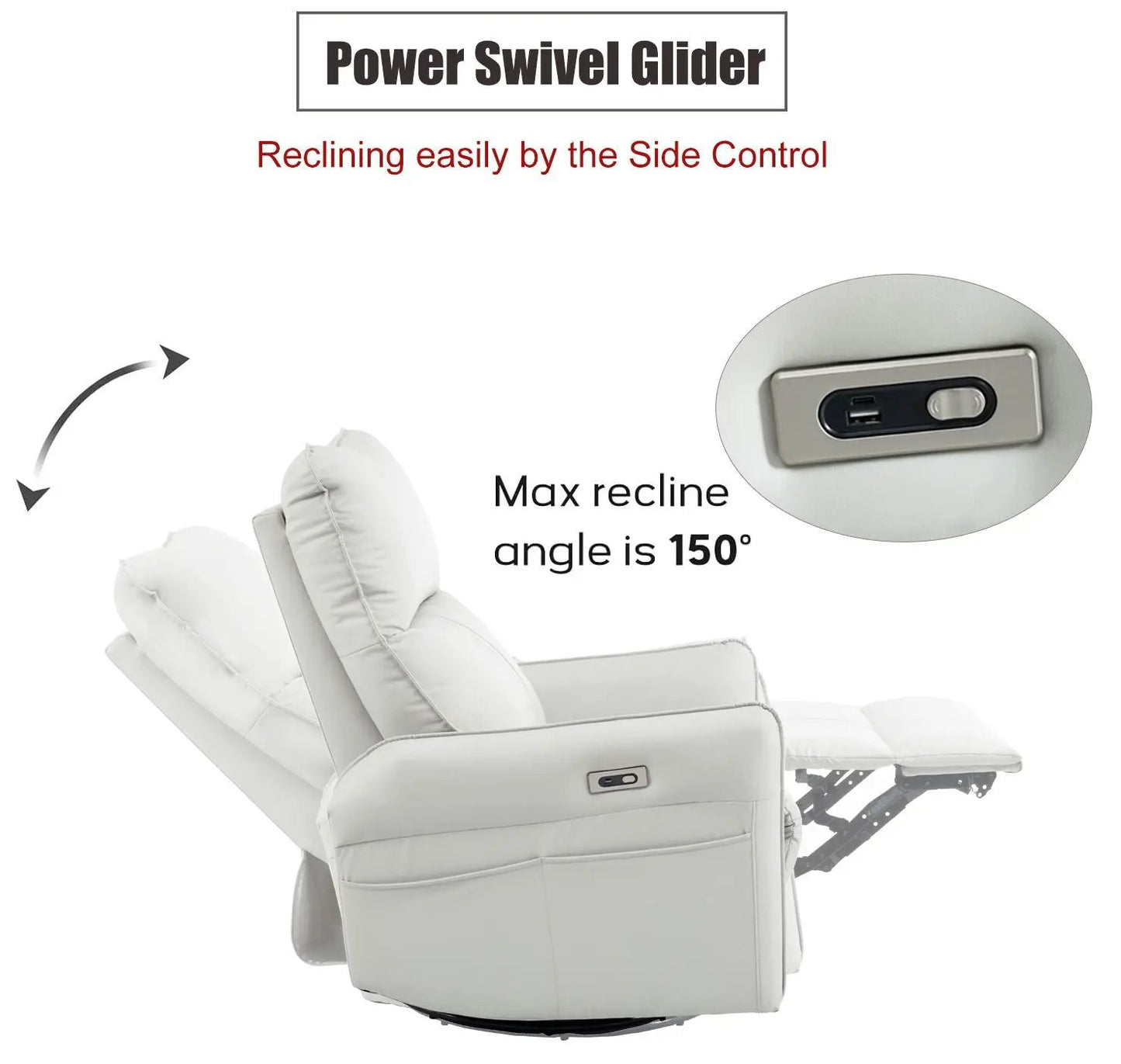 Power swivel rocker recliner chair USB ports in white upholstery, side control, 150° recline on Tampa Home & Garden Store