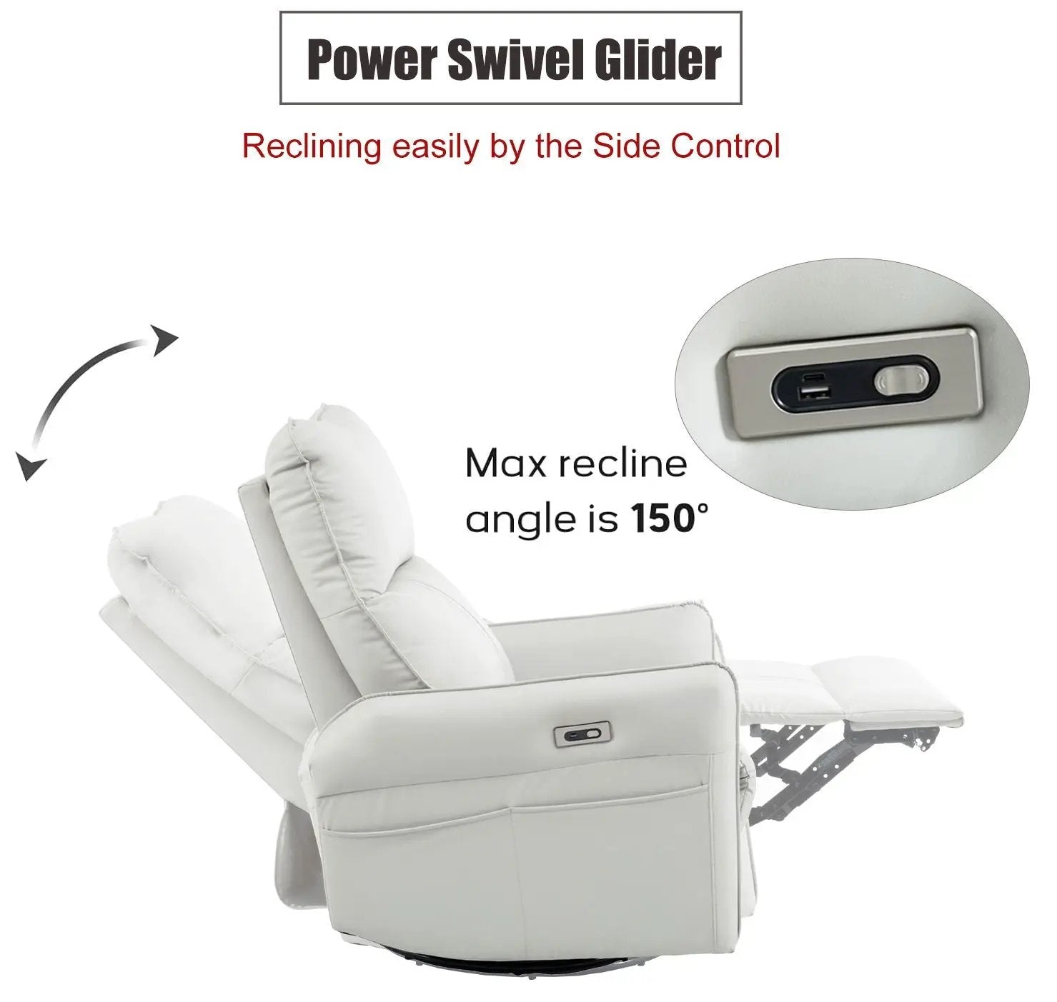 Power swivel rocker recliner chair USB ports in white upholstery, side control, 150° recline on Tampa Home & Garden Store