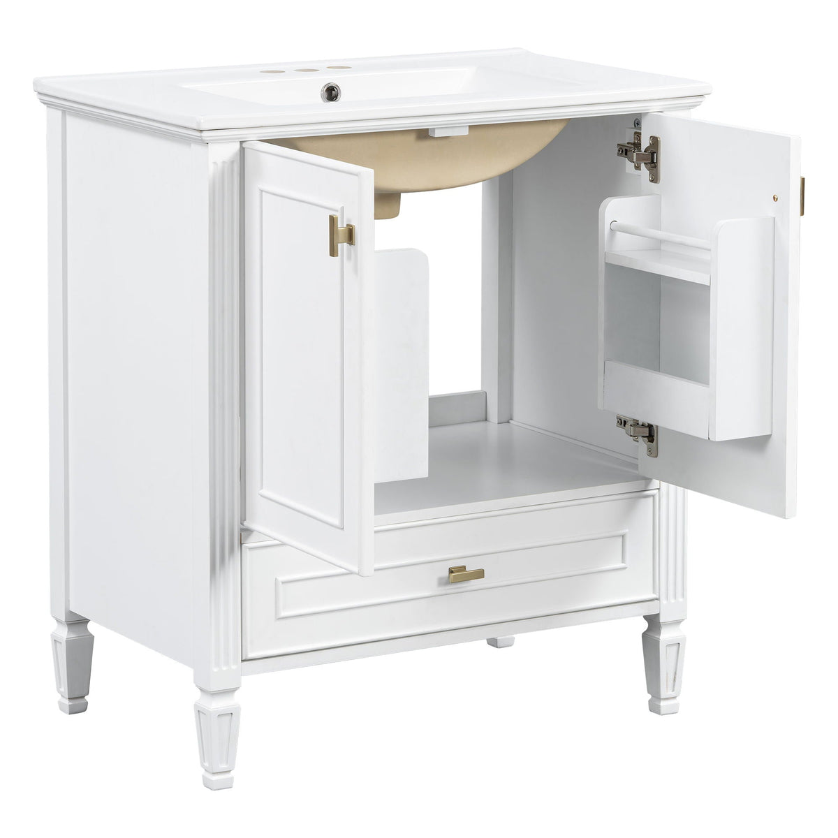 Freestanding vanity with drawer and soft-close doors in white, brass hardware on Tampa Home & Garden Store