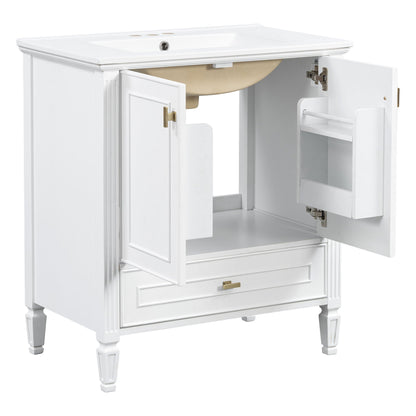 Freestanding vanity with drawer and soft-close doors in white, brass hardware on Tampa Home & Garden Store