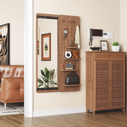HouseOfZazla full-length wall-mounted mirror with pegboard panel and shelf in dark brown wood on Tampa Home & Garden Store