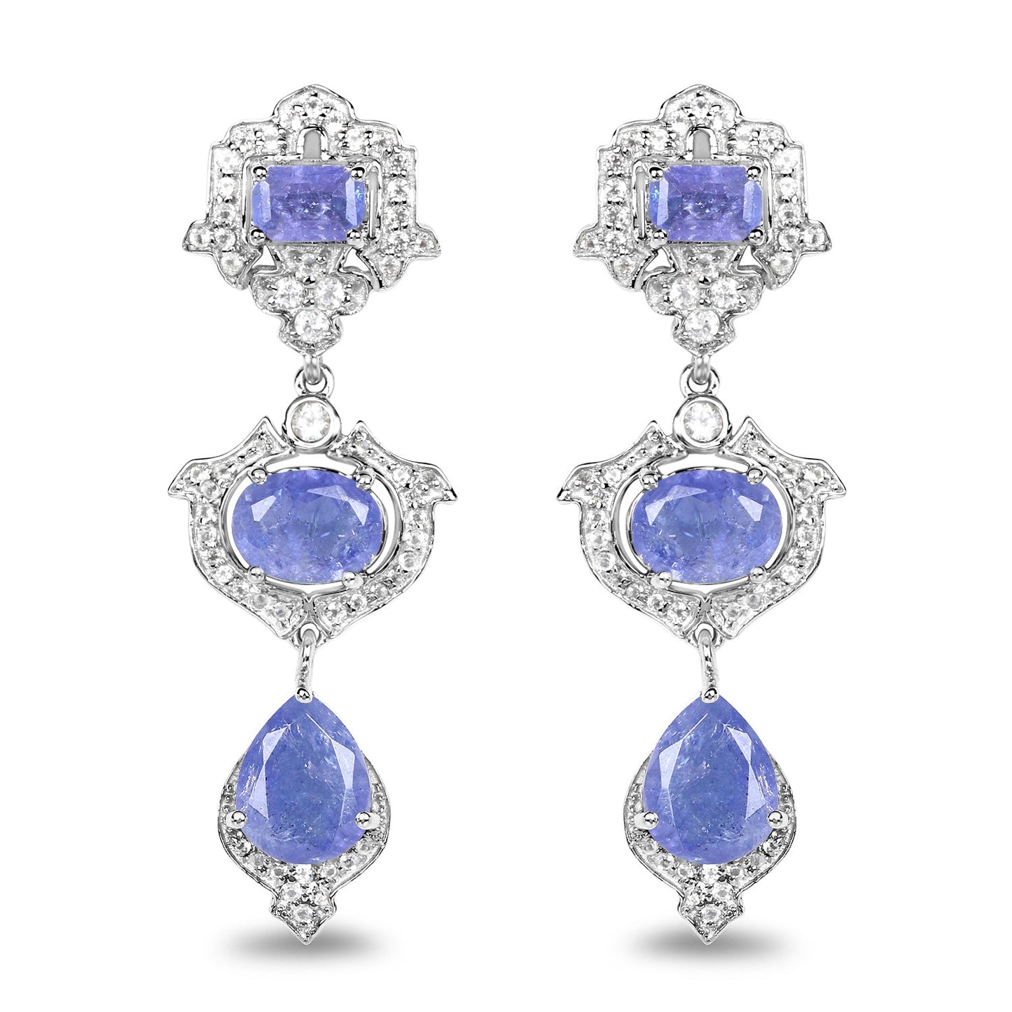 Earrings: 7.73ct Tanzanite and white topaz in .925 sterling silver, halo drop style on Tampa Home & Garden Store