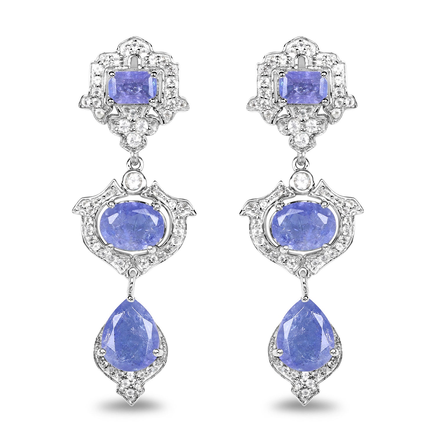 Earrings: 7.73ct Tanzanite and white topaz in .925 sterling silver, halo drop style on Tampa Home & Garden Store