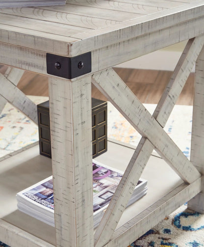 Carynhurst Rectangular End Table in whitewash wood with black metal corner brackets on Tampa Home & Garden Store