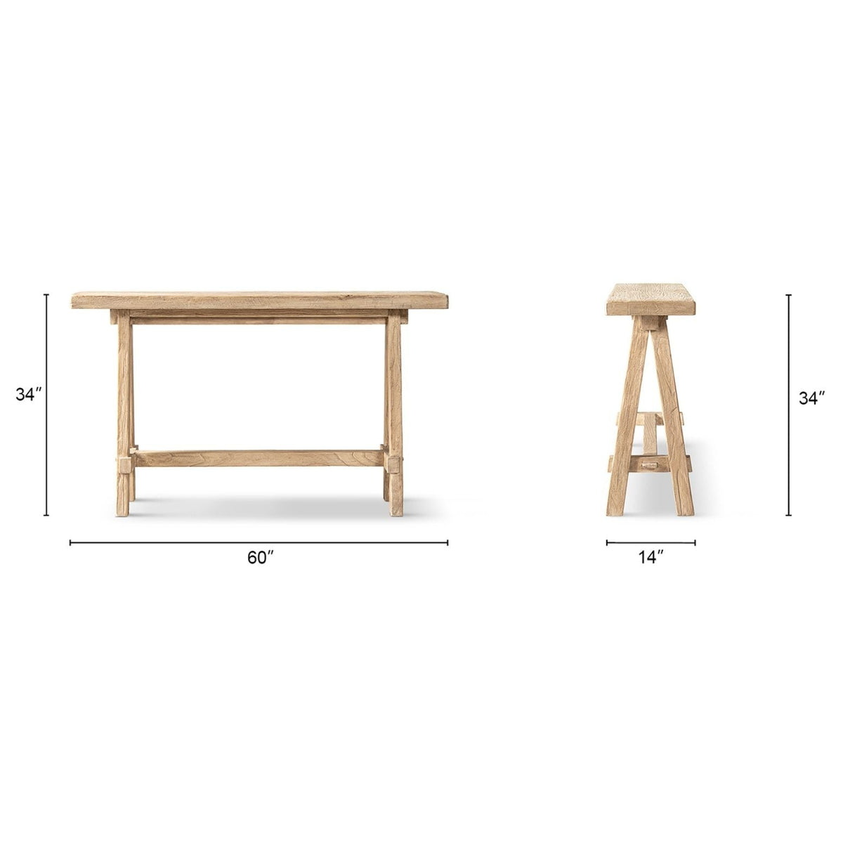 Trestle Coffee Table, solid reclaimed elm, natural finish, 60x14x34 in by HouseOfZazla on Tampa Home & Garden Store