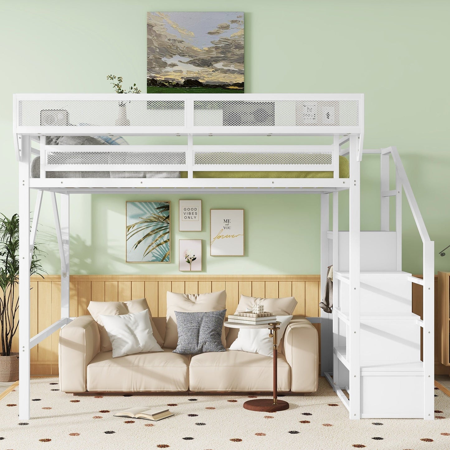Queen Size Loft Bed with Stairs in white metal with storage shelves on Tampa Home & Garden Store