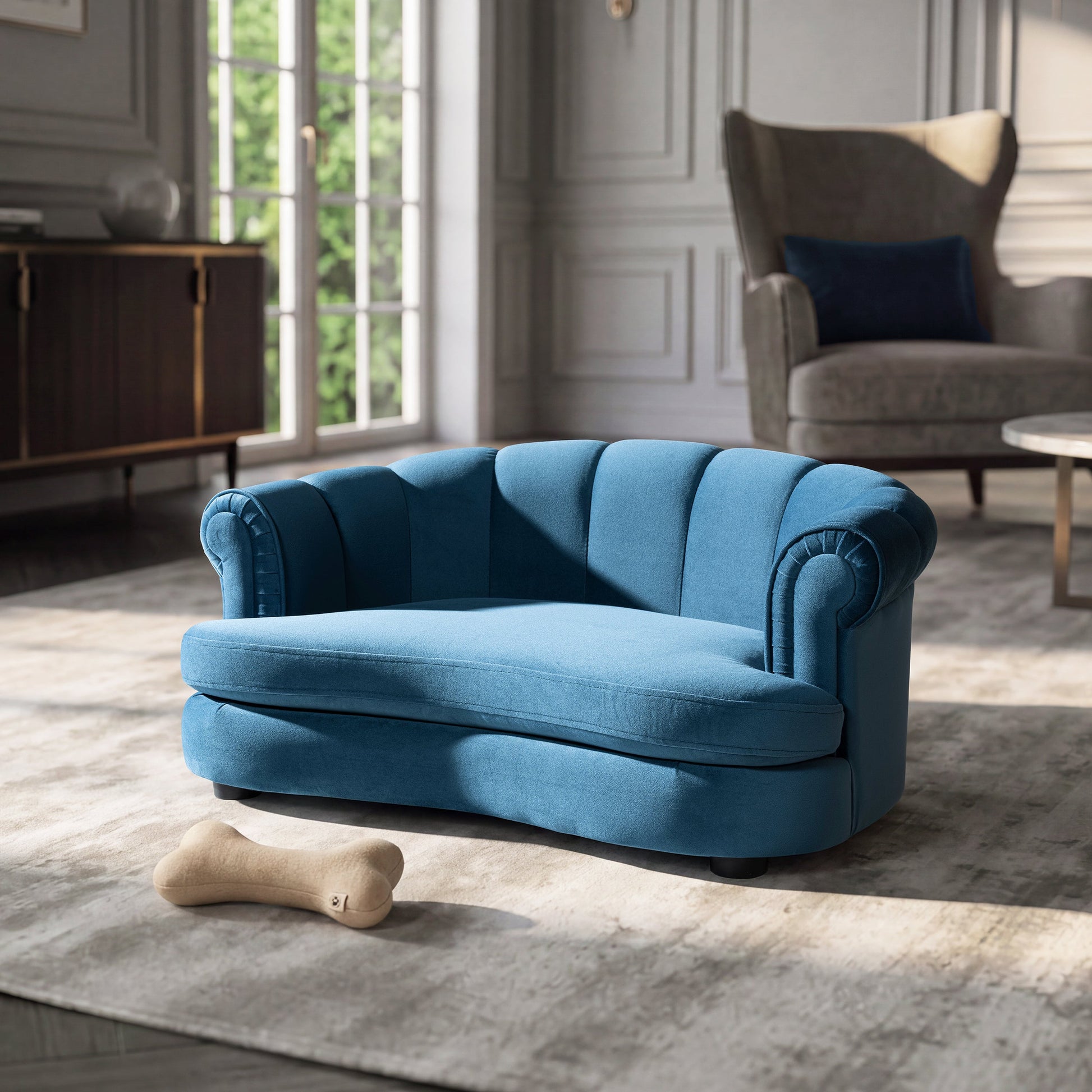Halle 35.5in Rolled-Arm Channel-Tufted Dog Sofa Bed Medium Satin blue HouseOfZazla on Tampa Home & Garden Store