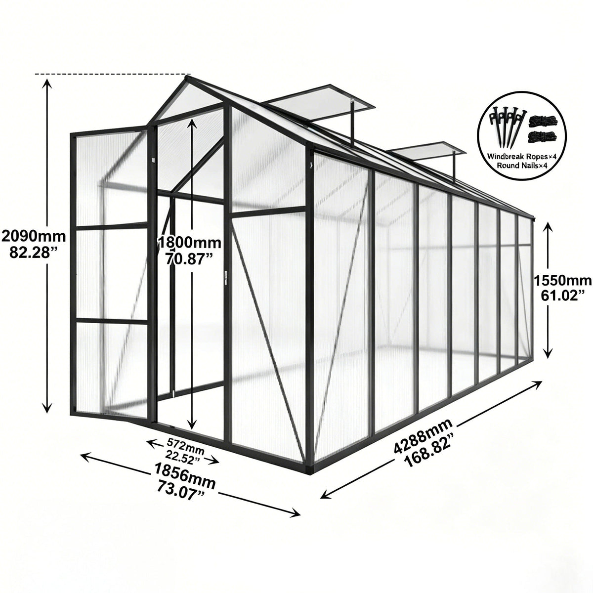 Windproof greenhouse with raised base, black frame PC panels; windbreak ropes and nails included on Tampa Home & Garden Store
