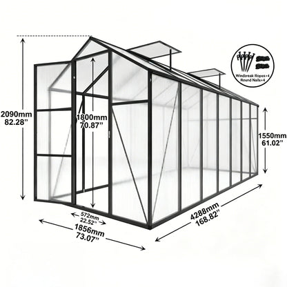 Windproof greenhouse with raised base, black frame PC panels; windbreak ropes and nails included on Tampa Home & Garden Store