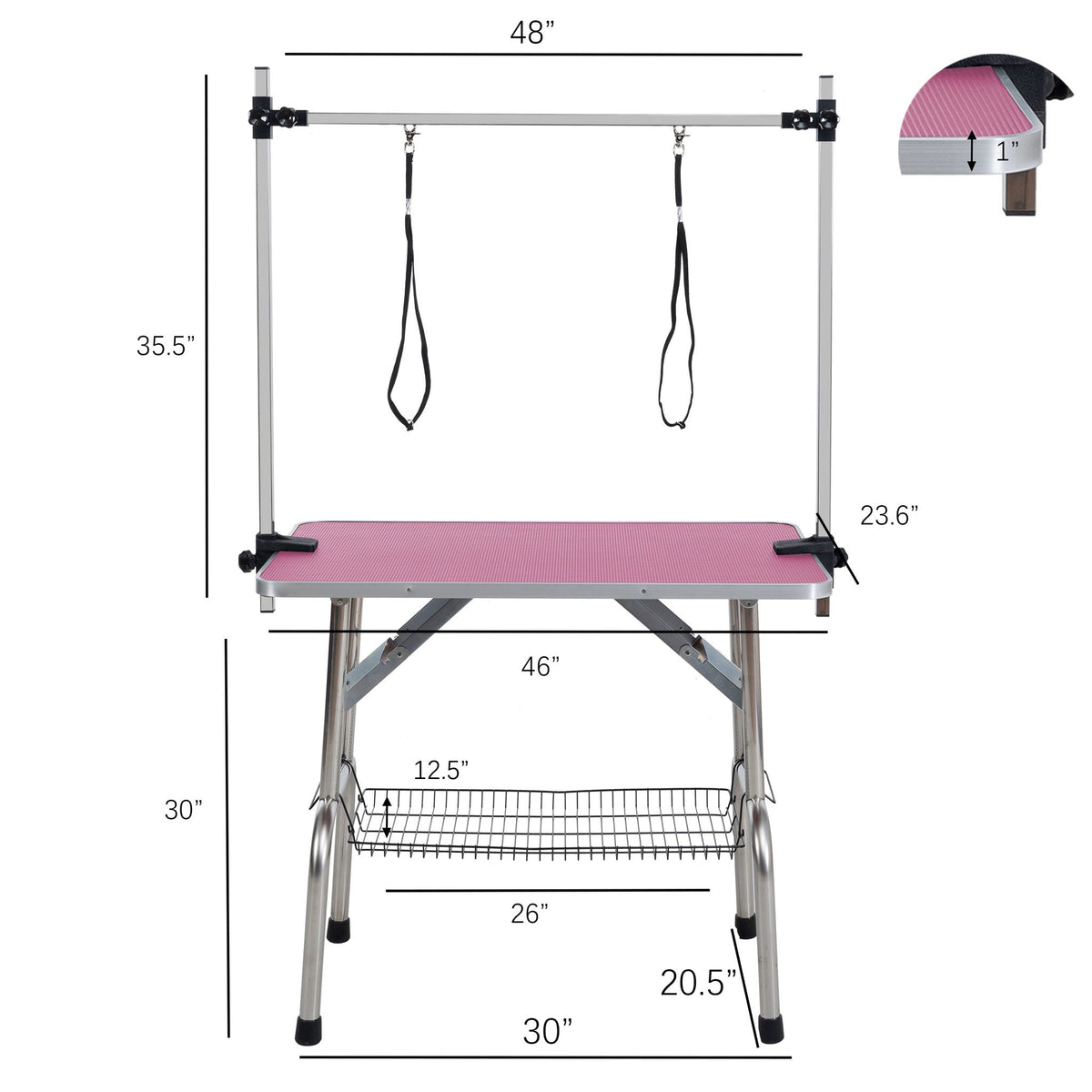 Folding dog grooming table with stainless steel frame, pink mat, adjustable arm and clamps on Tampa Home & Garden Store