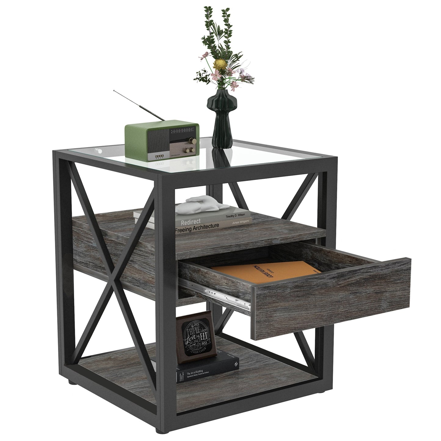 Set of 2 modern end tables with drawer; black metal frames, glass tops on Tampa Home & Garden Store
