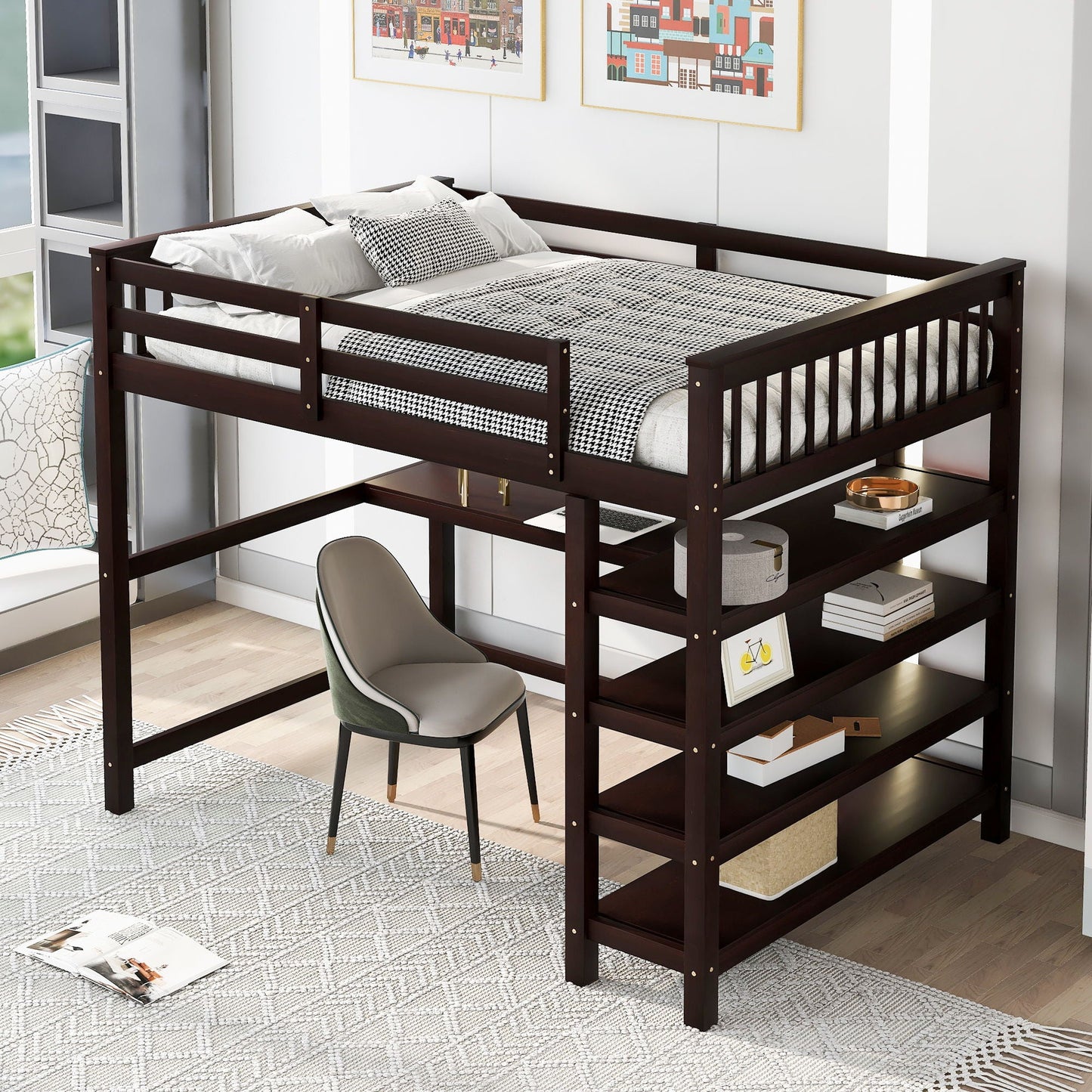 Loft bed with storage shelves and under-bed desk in dark brown wood HouseOfZazla on Tampa Home & Garden Store