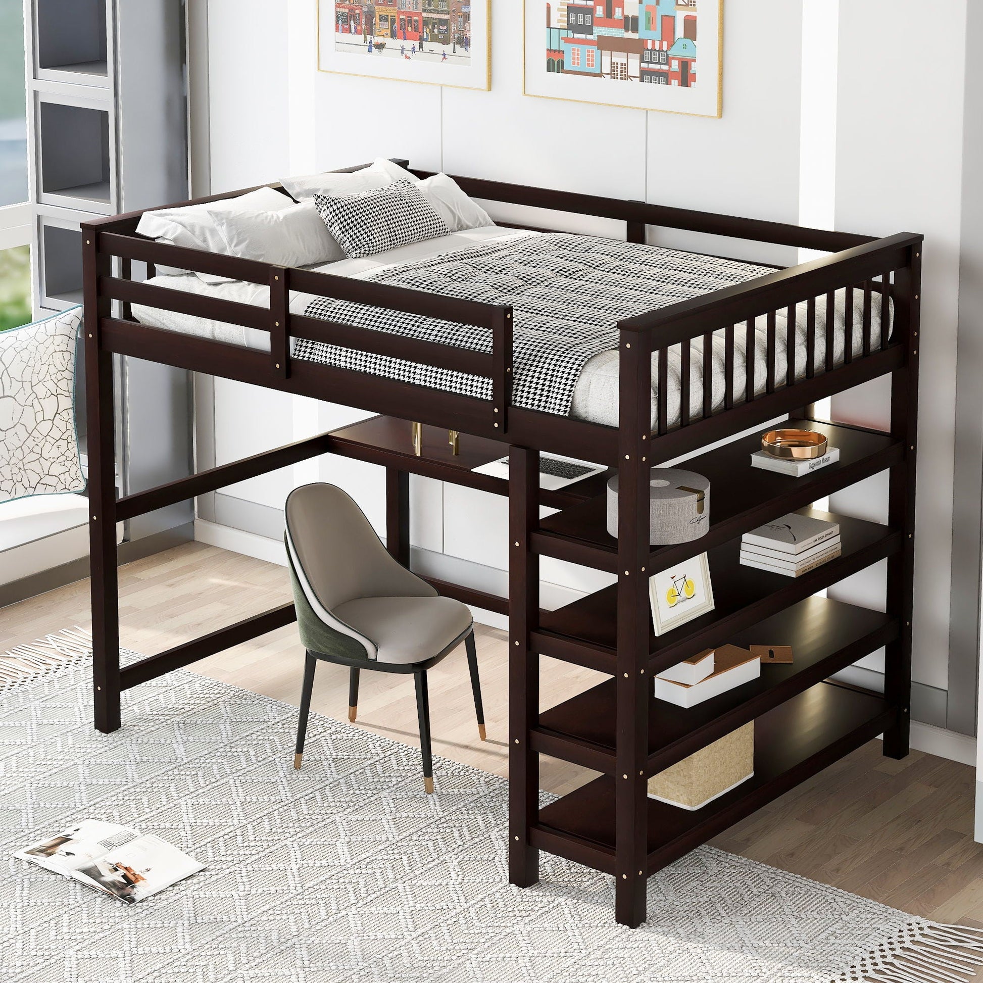 Loft bed with storage shelves and under-bed desk in dark brown wood HouseOfZazla on Tampa Home & Garden Store