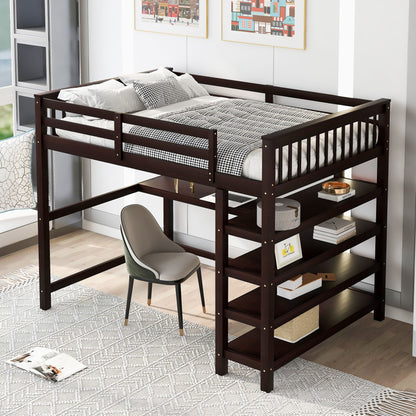 Loft bed with storage shelves and under-bed desk in dark brown wood HouseOfZazla on Tampa Home & Garden Store