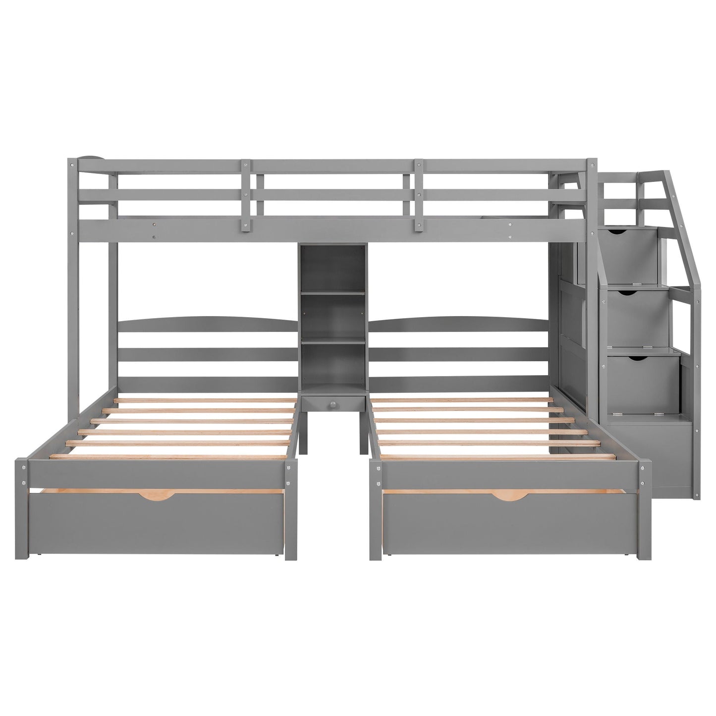 Twin over twin bunk bed by HouseOfZazla in gray with stairs, drawers and shelves on Tampa Home & Garden Store
