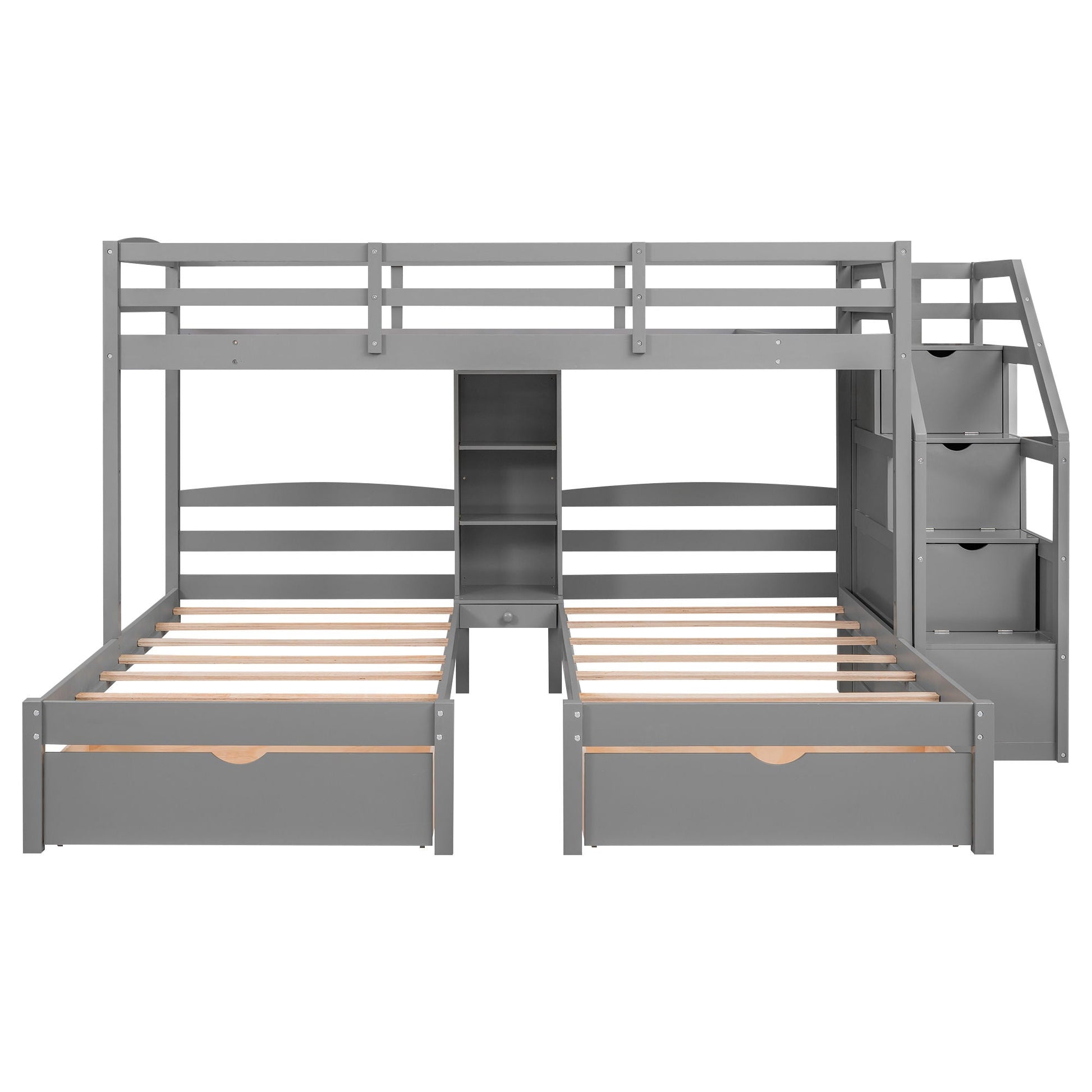 Twin over twin bunk bed by HouseOfZazla in gray with stairs, drawers and shelves on Tampa Home & Garden Store