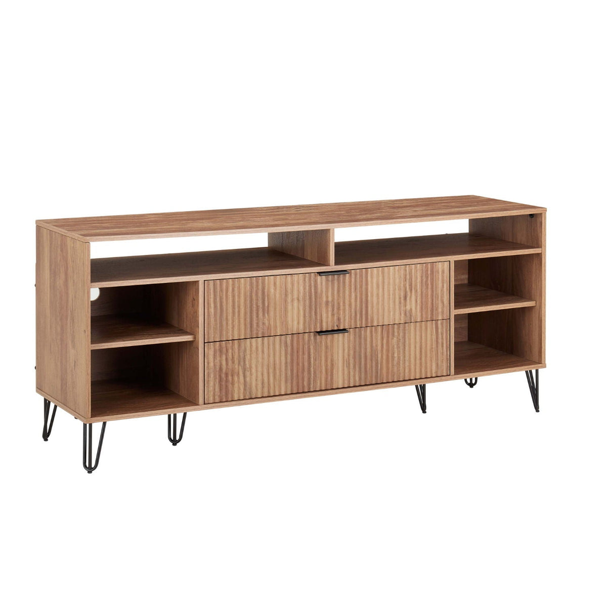 Fluted TV Stand with Storage and Metal Legs by HouseOfZazla, wood finish, open shelves and two drawers on Tampa Home & Garden Store