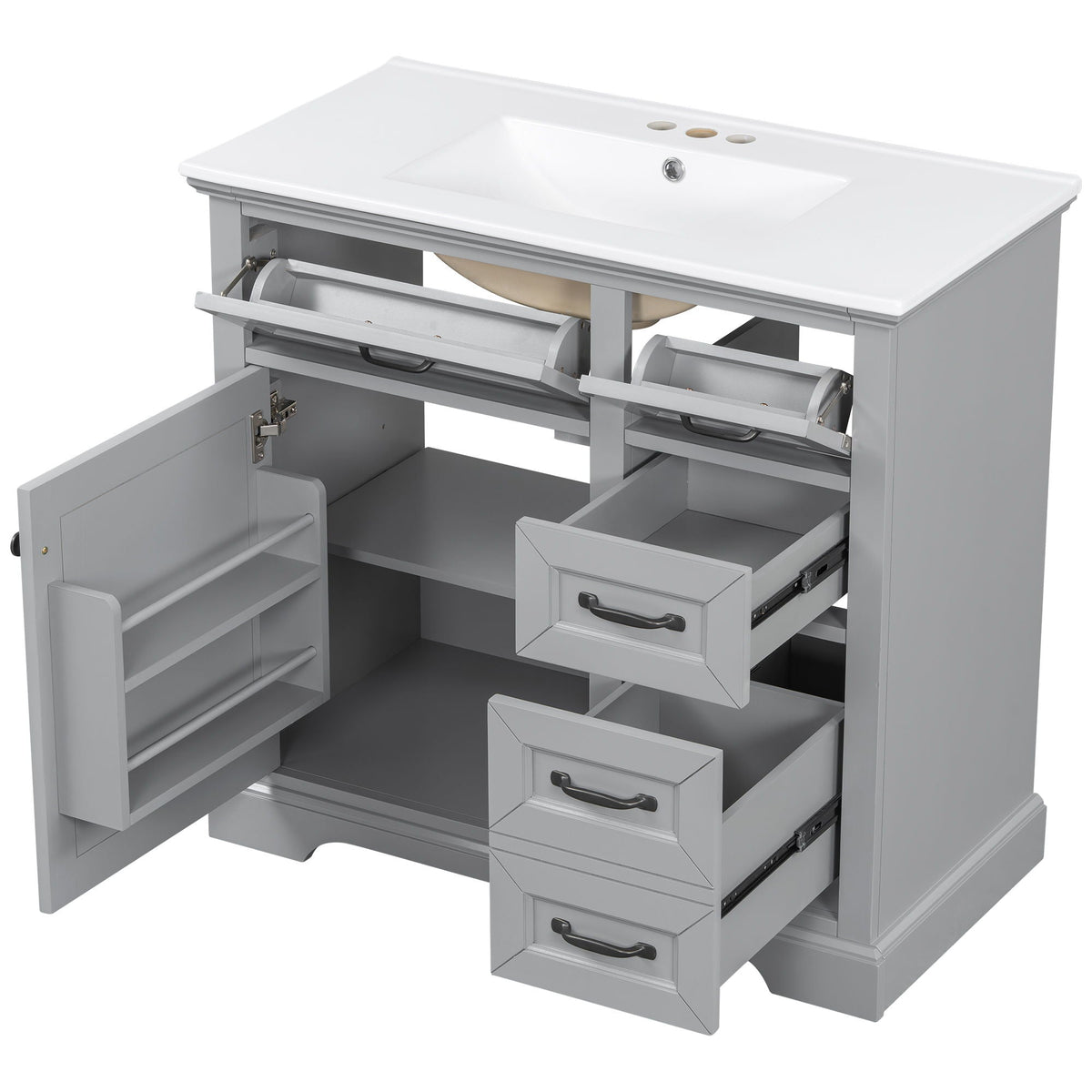 36in bathroom vanity with sink in light gray cabinet, white top, soft-close hardware on Tampa Home & Garden Store