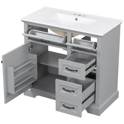 36in bathroom vanity with sink in light gray cabinet, white top, soft-close hardware on Tampa Home & Garden Store
