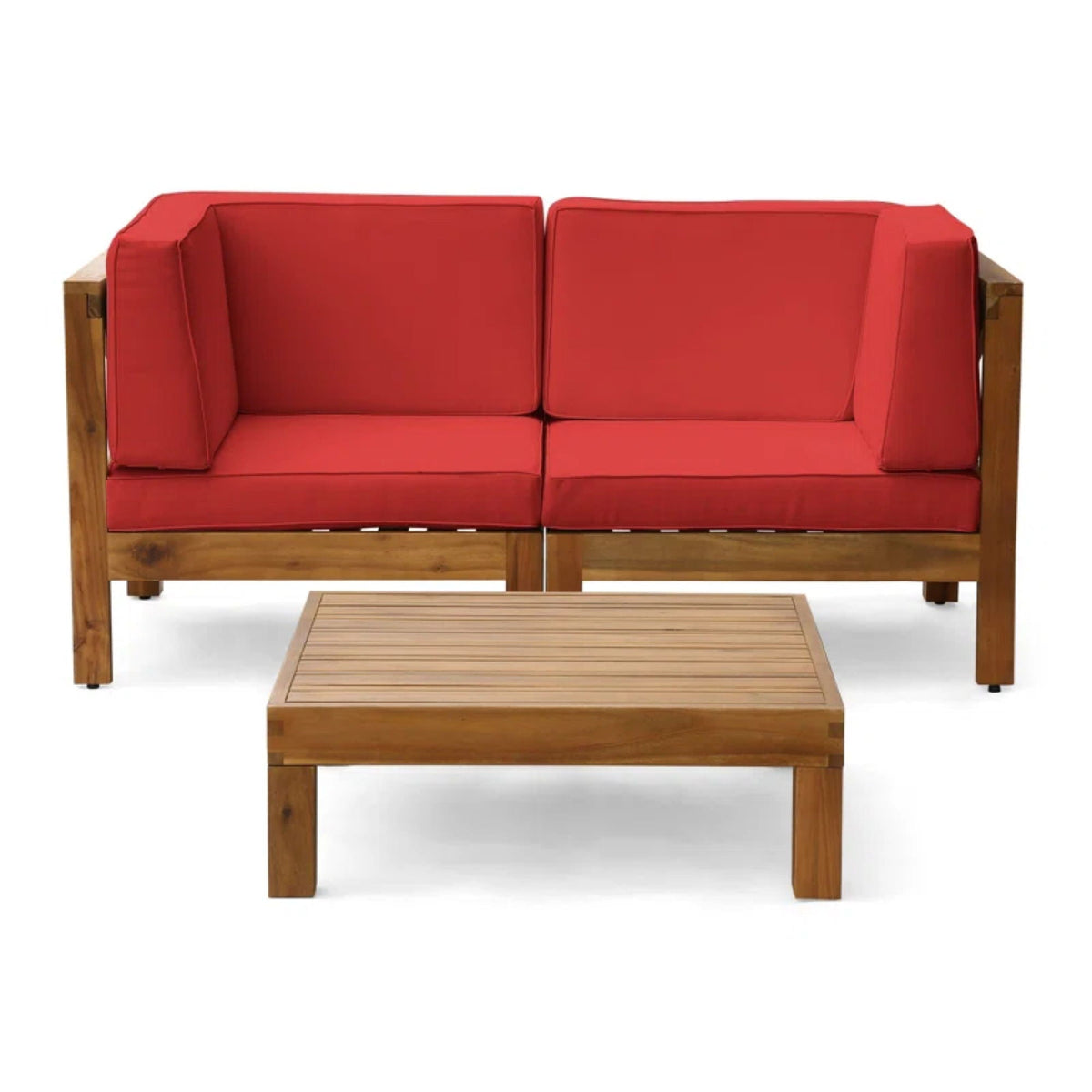 Oana 2-Piece outdoor loveseat set with red cushions and acacia wood frame and coffee table on Tampa Home & Garden Store