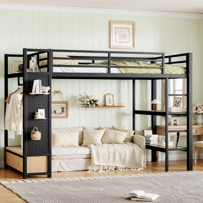Twin XL Metal Loft Bed With Wardrobe and Shelves