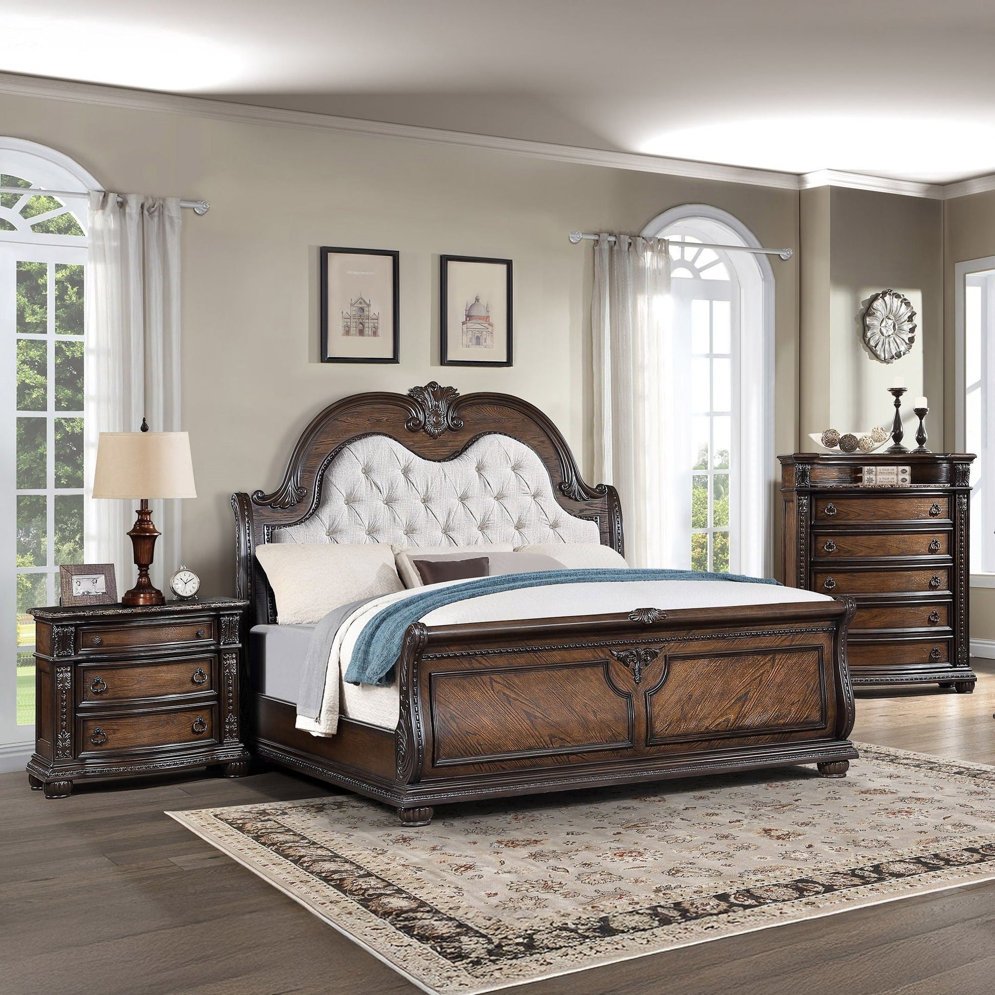 Traditional Style Tufted Sleigh Bed by HouseOfZazla with upholstered headboard and nightstands on Tampa Home & Garden Store