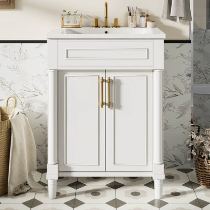 Bathroom vanity with integrated sink, white cabinet with gold hardware and brass faucet on Tampa Home & Garden Store