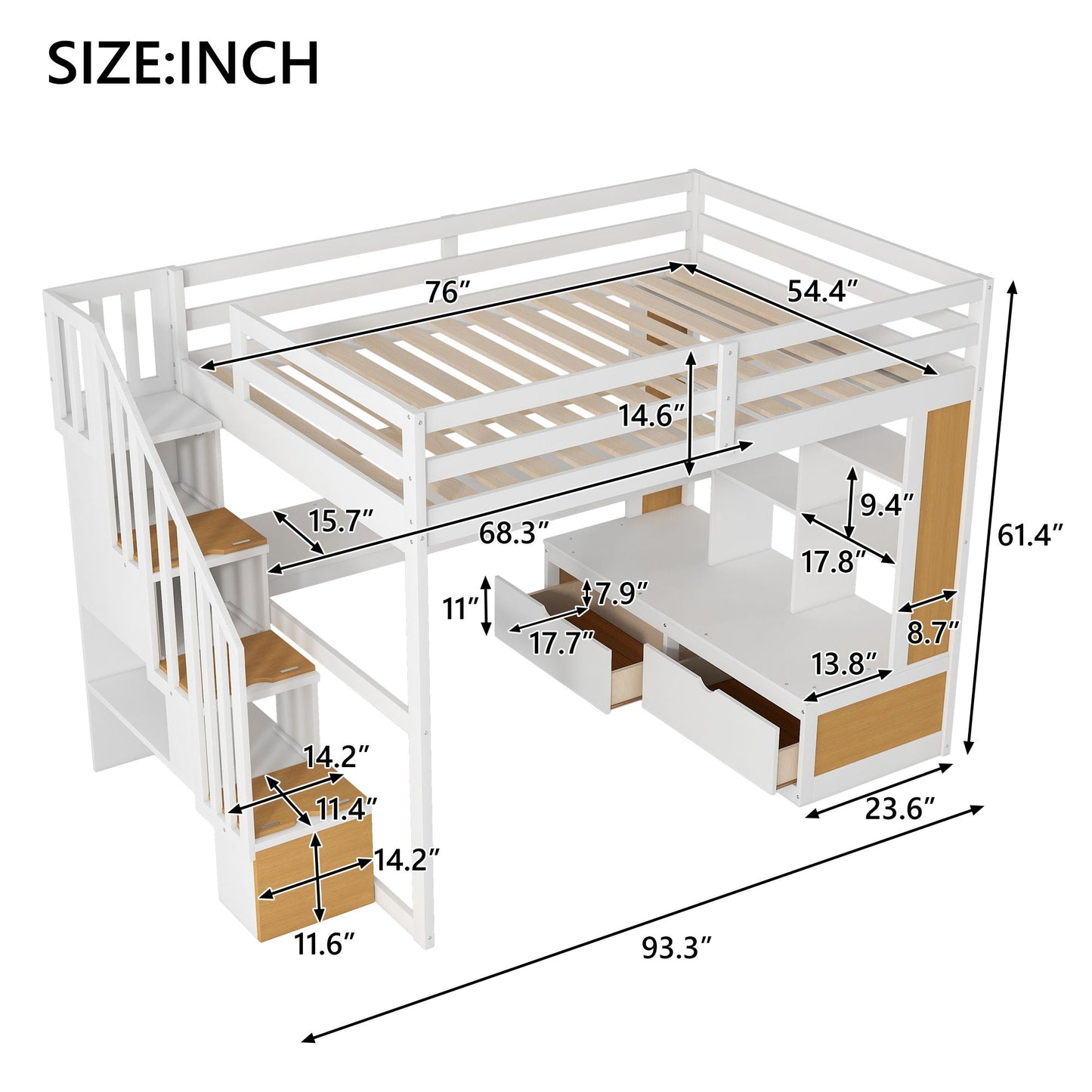 Full size loft bed with desk, shelves, storage staircase, 2 drawers, natural/white by HouseOfZazla on Tampa Home & Garden Store