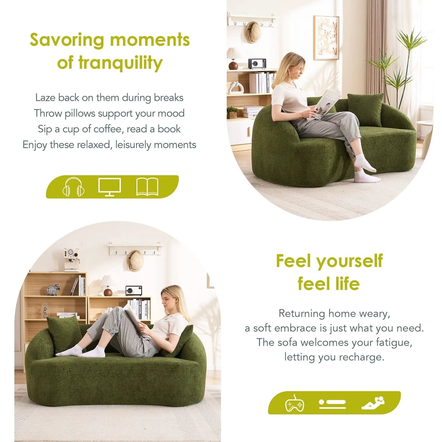 Green textured loveseat, compact stationary sofa by Unique Piece Furniture in reading room on Tampa Home & Garden Store