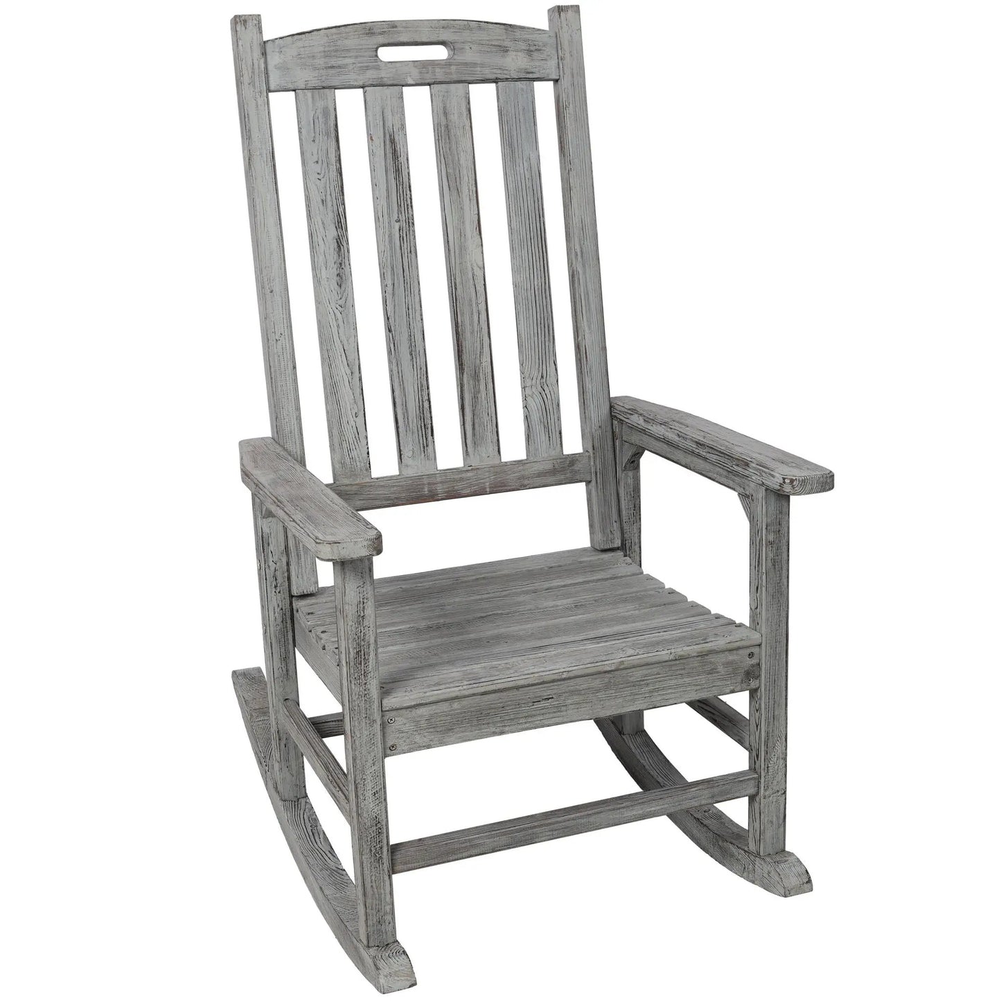 Oversized porch rocker chair in gray wood by Unique Piece Furniture with wide seat on Tampa Home & Garden Store