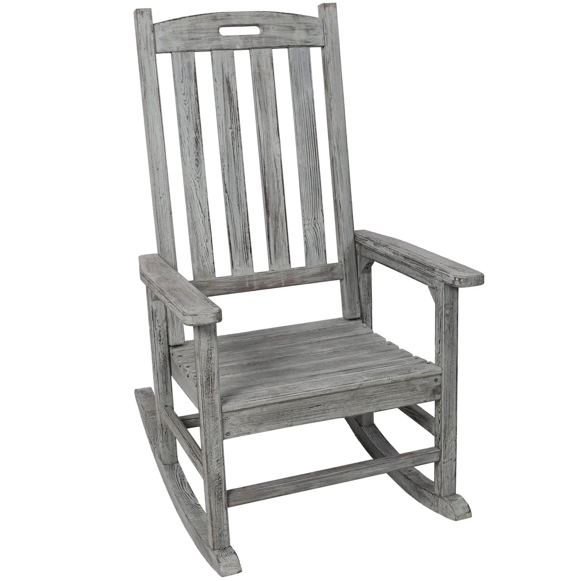 Oversized porch rocker chair in gray wood by Unique Piece Furniture with wide seat on Tampa Home & Garden Store