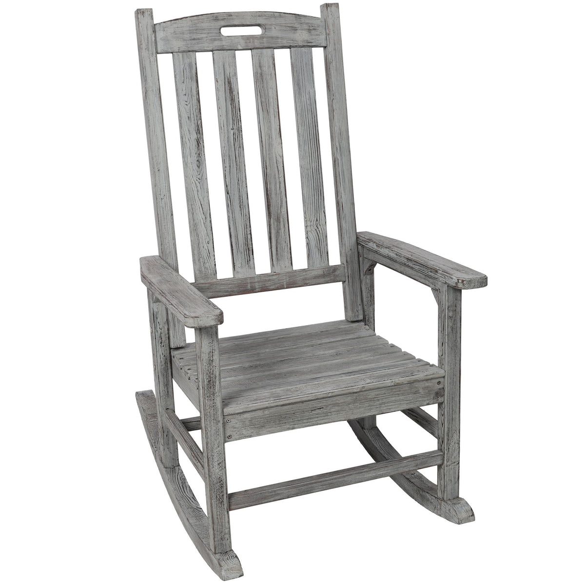 Oversized porch rocker chair in gray wood with wide seat and tall back by HouseOfZazla on Tampa Home & Garden Store