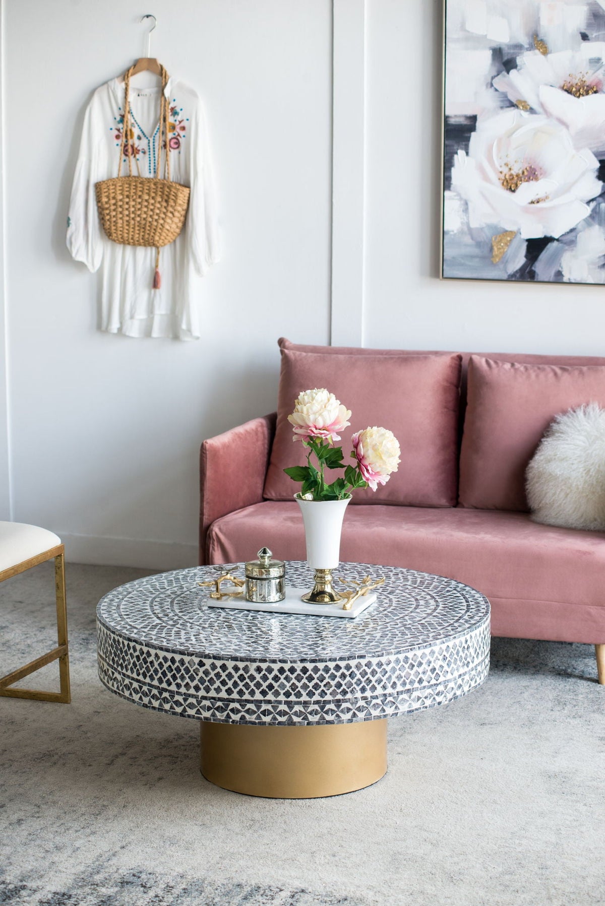 Capiz Coffee Table with Pedestal Base by HouseOfZazla, capiz mosaic top on gold pedestal on Tampa Home & Garden Store