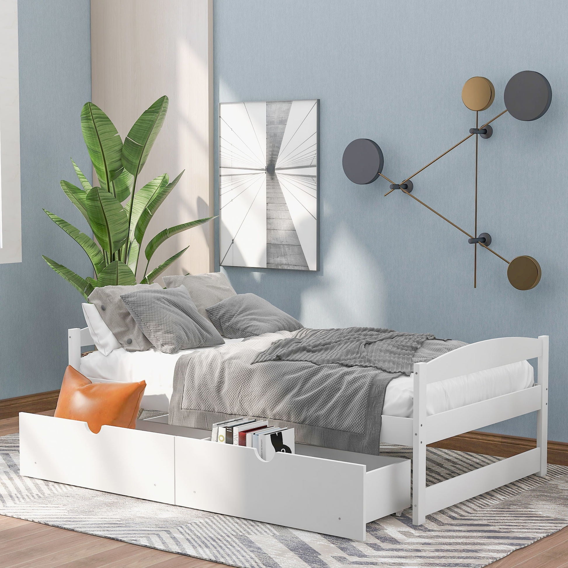 Platform bed with 2 drawers in white finish, gray bedding, modern bedroom by HouseOfZazla on Tampa Home & Garden Store