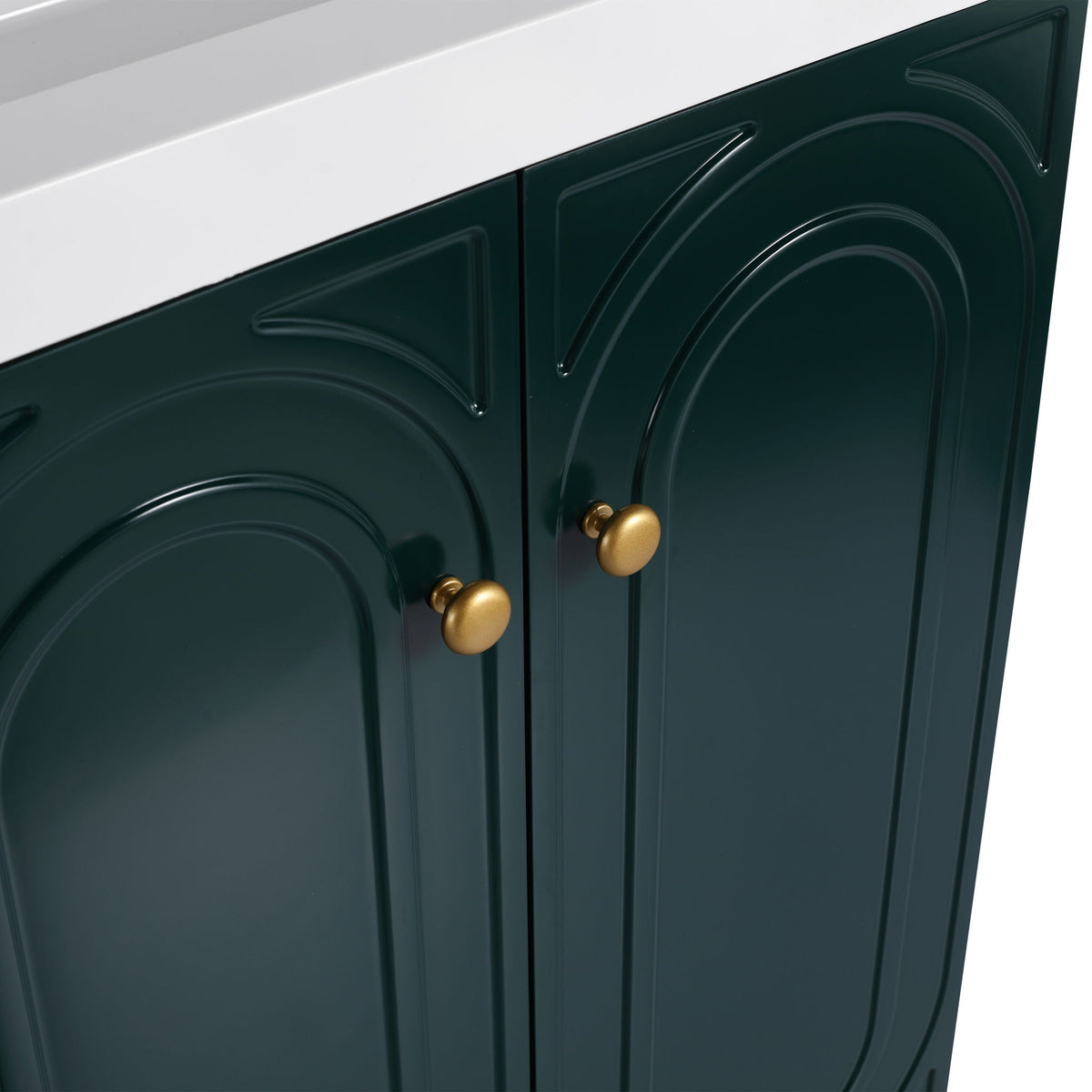 Freestanding bathroom vanity with dark green doors and brass knobs, white top, soft-close on Tampa Home & Garden Store