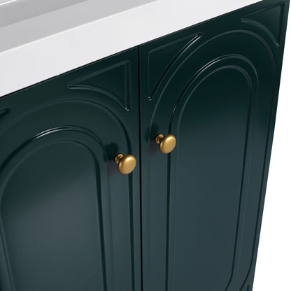 Freestanding bathroom vanity with dark green doors and brass knobs, white top, soft-close on Tampa Home & Garden Store