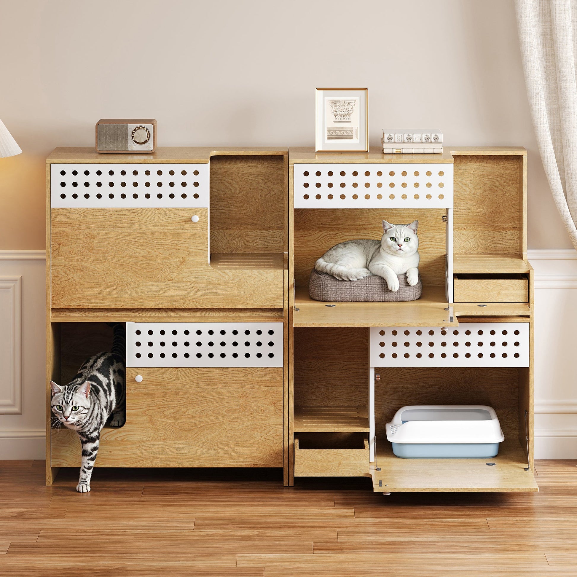2-Piece Modern 2 IN 1 Cat Furniture Set HouseOfZazla natural wood panels cat lounging on Tampa Home & Garden Store